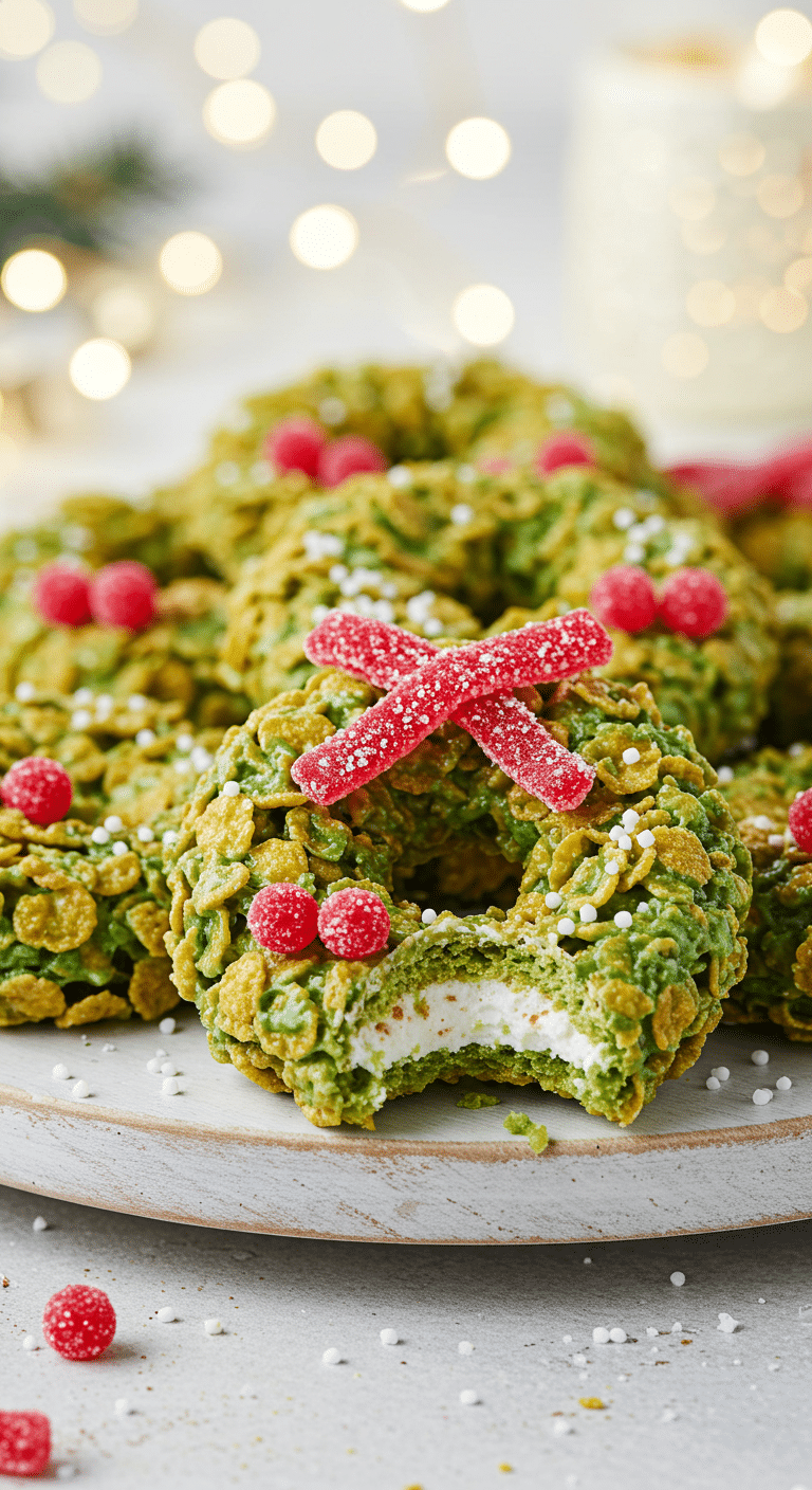A beautiful, rustic platter of homemade, festive, and cute Cornflake Christmas Wreaths, with a chewy texture and decorated with red candy holly and bows.