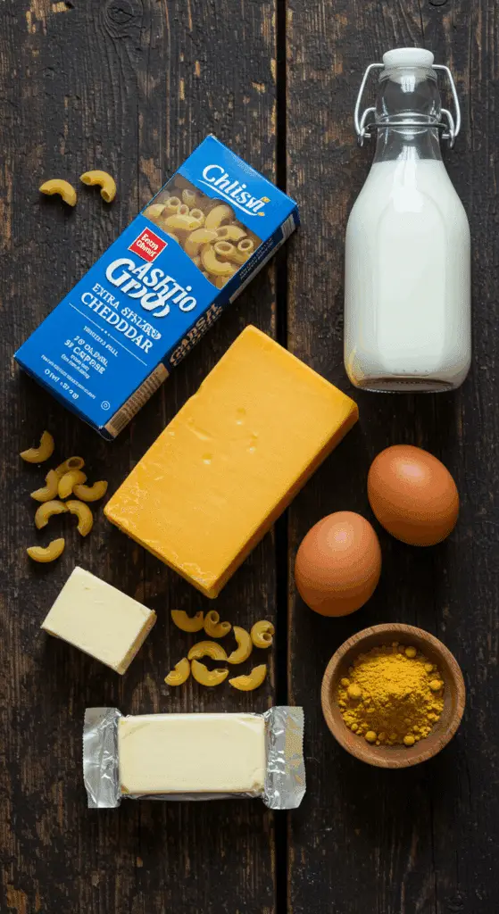 The simple, from-scratch ingredients for the classic and impressive Holiday Baked Mac and Cheese.