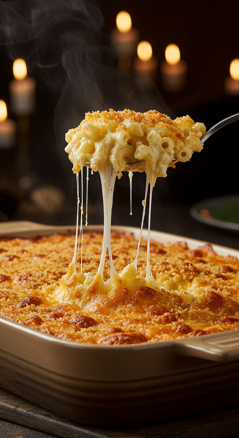A beautiful, rustic baking dish of homemade, easy, and classic Baked Mac and Cheese, with a golden-brown, crispy crust and a creamy, cheesy scoop being lifted out with an epic cheese pull.