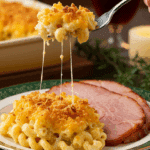 A beautiful plate of a homemade, elegant, and crispy-topped Baked Mac and Cheese, being served with a thick slice of a glazed ham at a holiday din