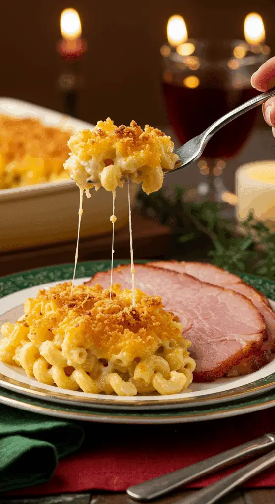 A beautiful plate of a homemade, elegant, and crispy-topped Baked Mac and Cheese, being served with a thick slice of a glazed ham at a holiday din
