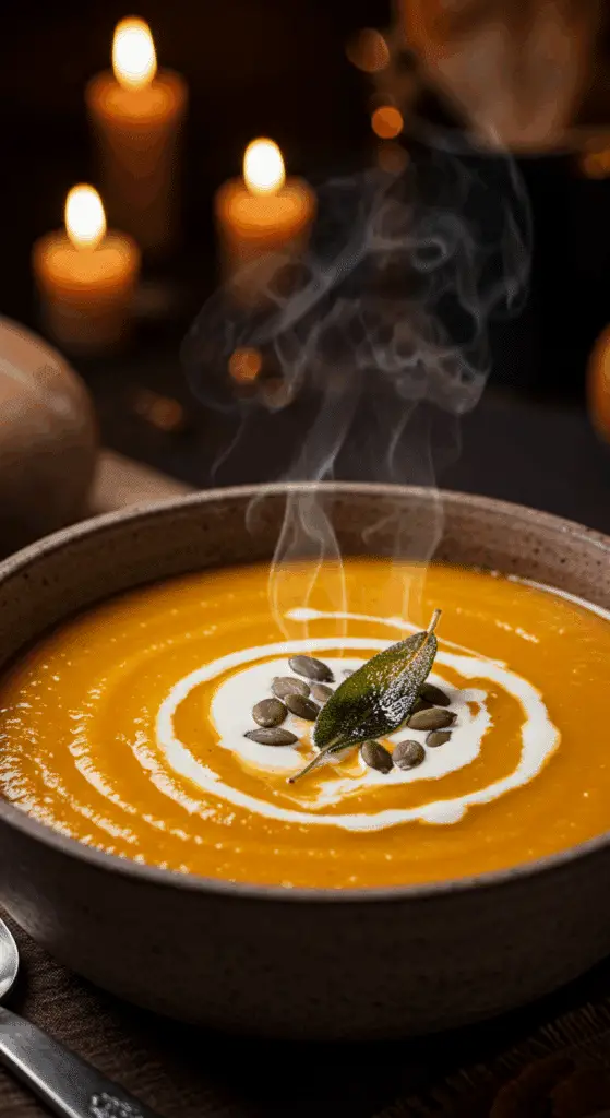 A beautiful, rustic serving bowl of homemade, easy, and elegant Creamy Butternut Squash Soup, with a vibrant orange color and garnished with a swirl of cream and toasted pumpkin seeds.