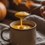 A cozy mug of a homemade, elegant, and creamy Butternut Squash Soup, being enjoyed next to a fireplace on a chilly autumn day.