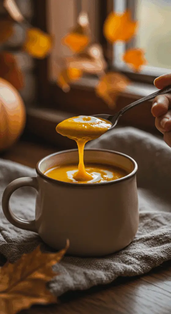 A cozy mug of a homemade, elegant, and creamy Butternut Squash Soup, being enjoyed next to a fireplace on a chilly autumn day.