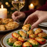 The impressive, homemade platter of crispy and creamy Crab-Stuffed Mini Peppers being served as the centerpiece at a sophisticated holiday party.