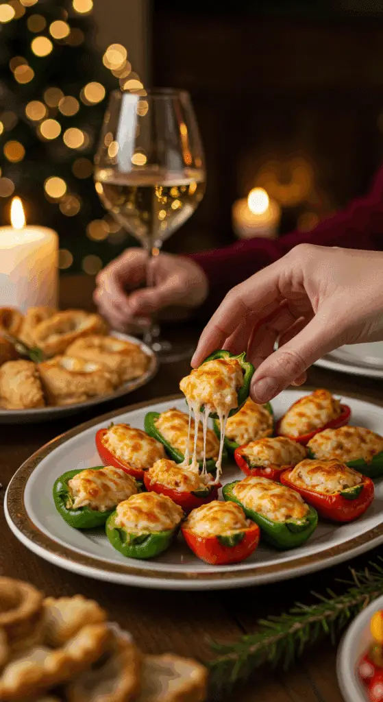 The impressive, homemade platter of crispy and creamy Crab-Stuffed Mini Peppers being served as the centerpiece at a sophisticated holiday party.