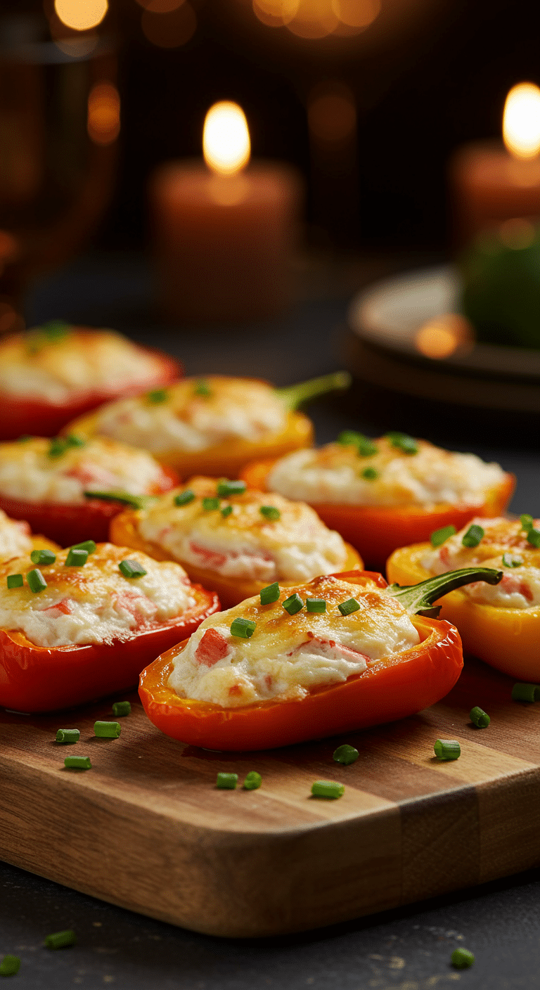 A beautiful, rustic platter of homemade, easy, and elegant Creamy Crab-Stuffed Mini Peppers, with a golden-brown, bubbly cream cheese and crab filling.