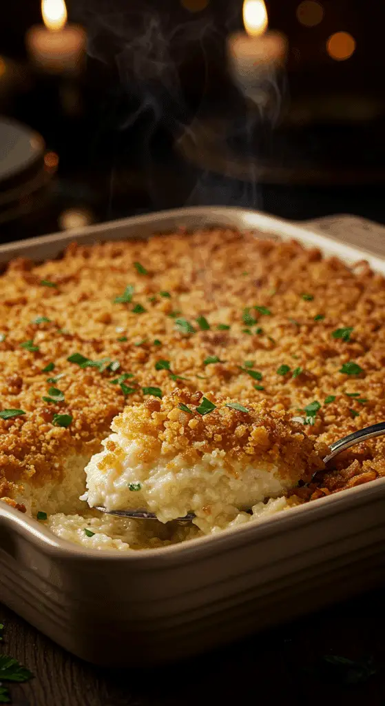 A beautiful, rustic baking dish of homemade, easy, and creamy Garlic Grits Casserole, with a golden-brown, crispy cornflake crust and a creamy interior.