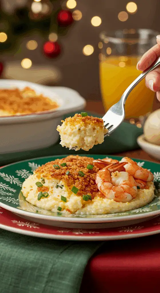 A beautiful plate of a homemade, elegant, and creamy Garlic Grits Casserole, being served with a few large, sautéed shrimp at a holiday brunch.
