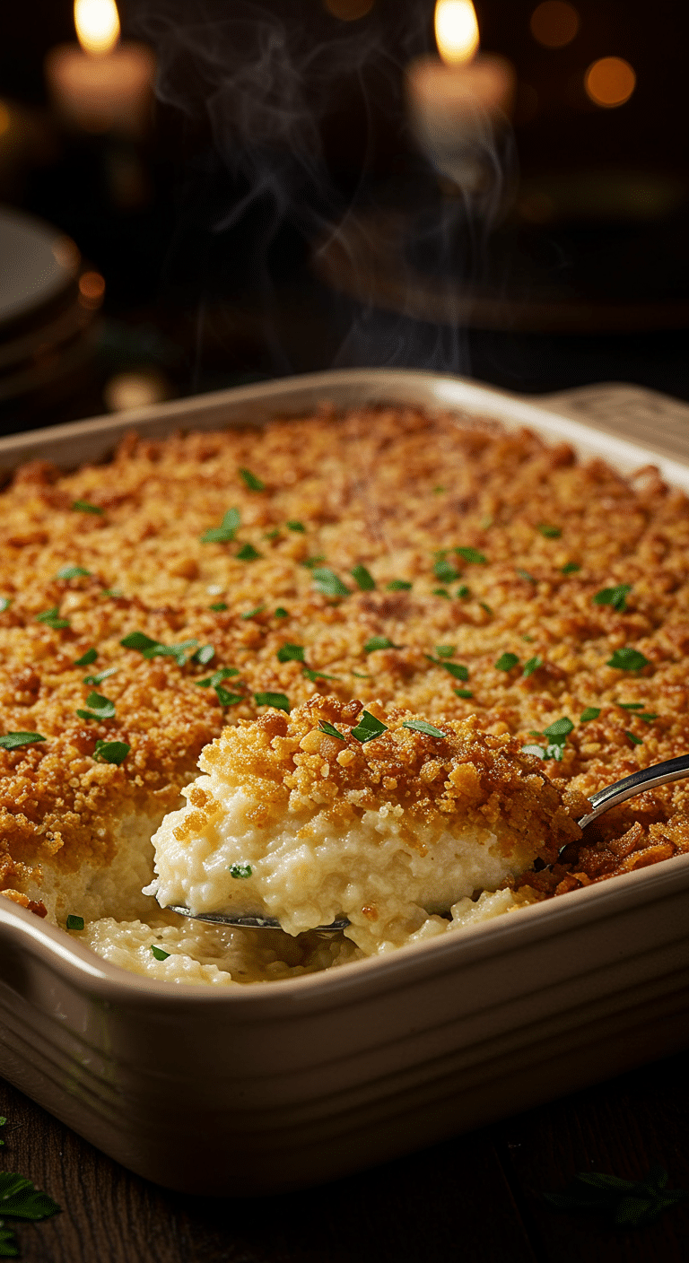 A beautiful, rustic baking dish of homemade, easy, and creamy Garlic Grits Casserole, with a golden-brown, crispy cornflake crust and a creamy interior.