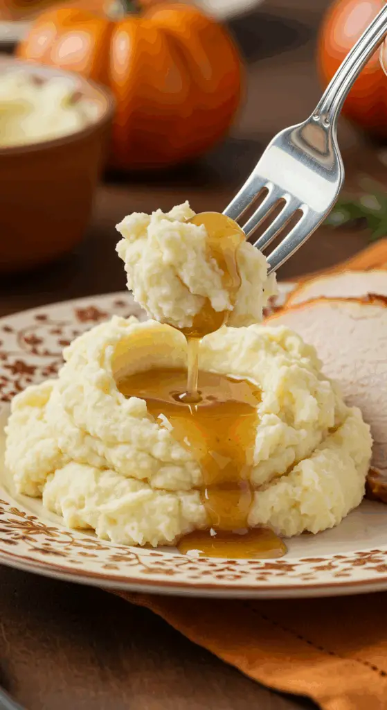 A beautiful plate of a homemade, elegant, and silky-smooth Garlic Mashed Potatoes, being served with a thick slice of a roasted turkey and gravy at a Thanksgiving dinner.