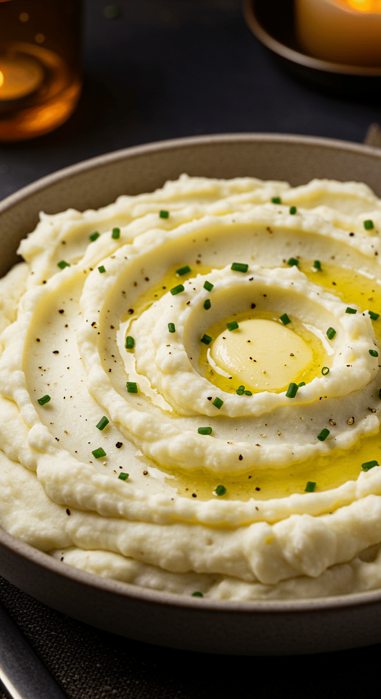 A beautiful, rustic serving bowl of homemade, easy, and elegant Creamy Garlic Mashed Potatoes, with a silky-smooth texture, melting pats of butter, and fresh chives.