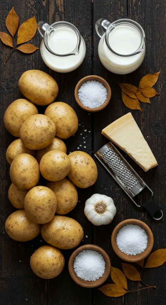 The simple, from-scratch ingredients for the classic and impressive Holiday Garlic Parmesan Mashed Potatoes.