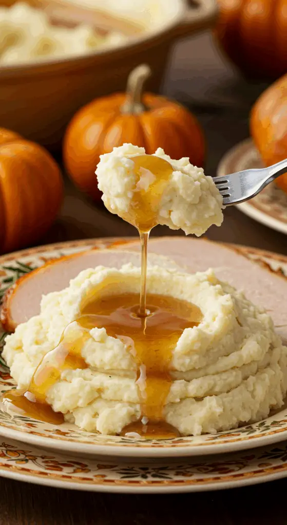 A beautiful plate of a homemade, elegant, and silky-smooth Garlic Mashed Potatoes, being served with a thick slice of a roasted turkey and gravy at a Thanksgiving dinner.