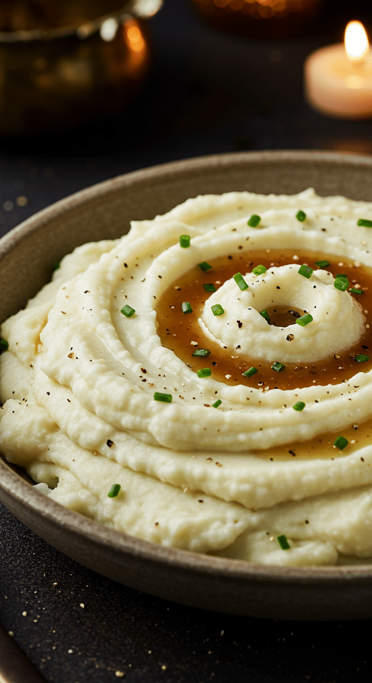 A beautiful, rustic serving bowl of homemade, easy, and elegant Creamy Garlic Parmesan Mashed Potatoes, with a silky-smooth texture, a pool of gravy, and fresh chives.