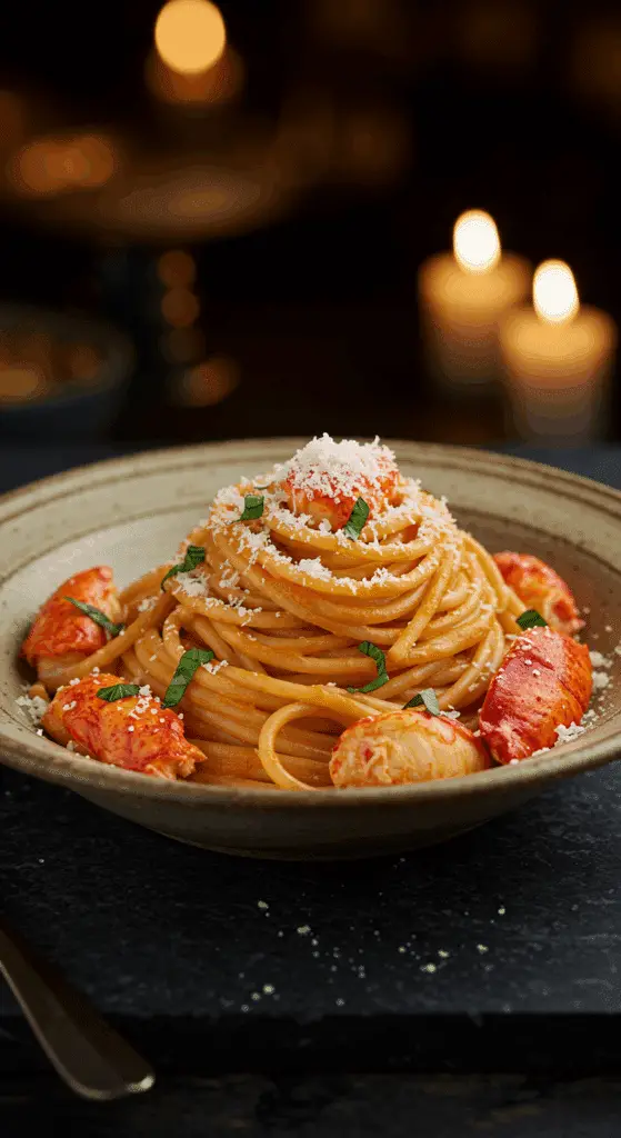 A beautiful, rustic bowl of homemade, easy, and elegant Creamy Lobster Linguine, with plump lobster chunks in a luscious, pink tomato-cream sauce.