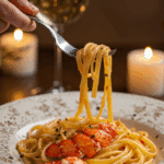 An elegant plate of homemade, creamy Lobster Linguine being enjoyed for a sophisticated and romantic, candlelit dinner.