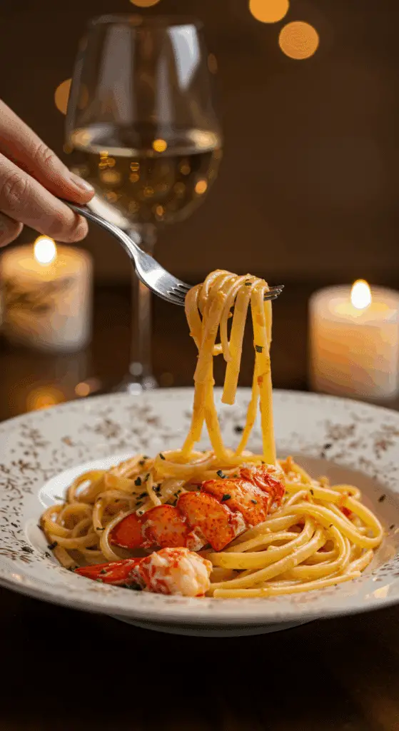 An elegant plate of homemade, creamy Lobster Linguine being enjoyed for a sophisticated and romantic, candlelit dinner.