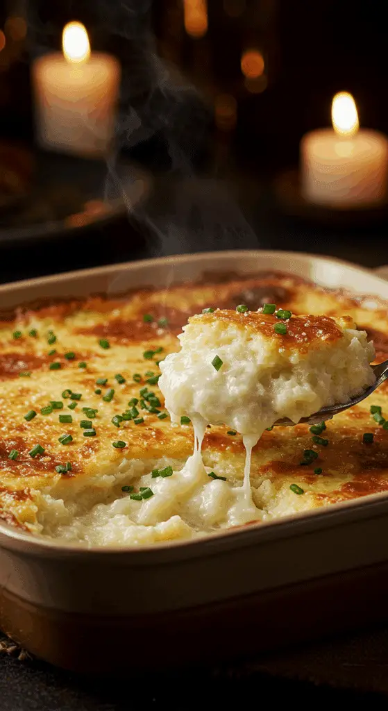 A beautiful, rustic baking dish of homemade, easy, and elegant Creamy Mashed Potatoes, with a golden-brown, bubbly crust and a creamy, silky interior.