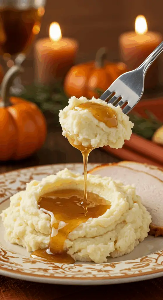 A beautiful plate of a homemade, elegant, and golden-topped Creamy Mashed Potatoes, being served with a thick slice of a roasted turkey and gravy at a Thanksgiving dinner.