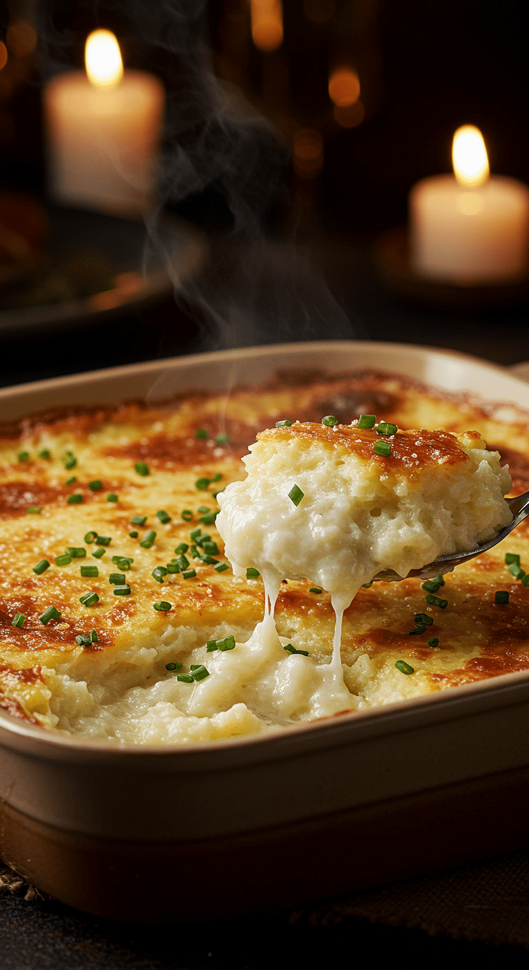 A beautiful, rustic baking dish of homemade, easy, and elegant Creamy Mashed Potatoes, with a golden-brown, bubbly crust and a creamy, silky interior.