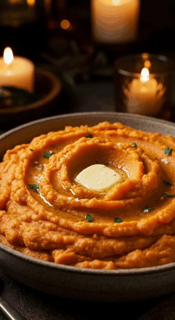 A beautiful, rustic serving bowl of homemade, easy, and elegant Maple Mashed Sweet Potatoes, with a silky-smooth texture, a melting pat of butter, and fresh parsley.