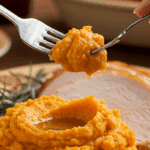 A beautiful plate of a homemade, elegant, and silky-smooth Maple Mashed Sweet Potatoes, being served with a thick slice of a roasted turkey at a Thanksgiving dinner.