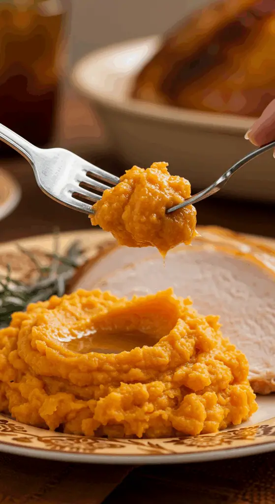 A beautiful plate of a homemade, elegant, and silky-smooth Maple Mashed Sweet Potatoes, being served with a thick slice of a roasted turkey at a Thanksgiving dinner.