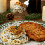 A beautiful plate of a homemade, elegant, and creamy Poppy Seed Noodles, being served with a crispy, golden-brown pork schnitzel at a holiday dinner.