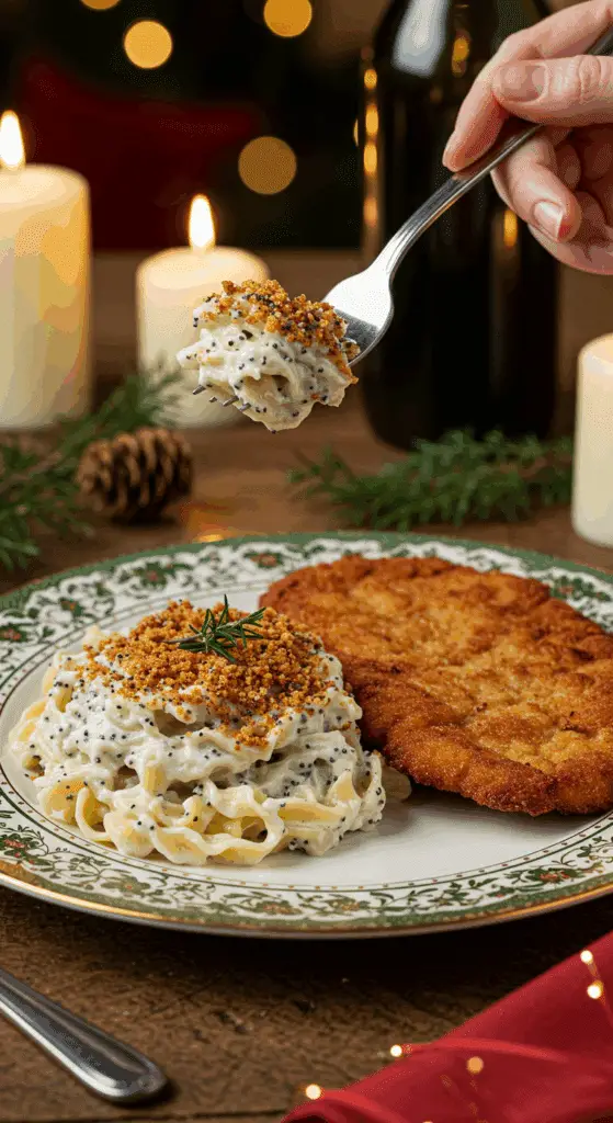 A beautiful plate of a homemade, elegant, and creamy Poppy Seed Noodles, being served with a crispy, golden-brown pork schnitzel at a holiday dinner.