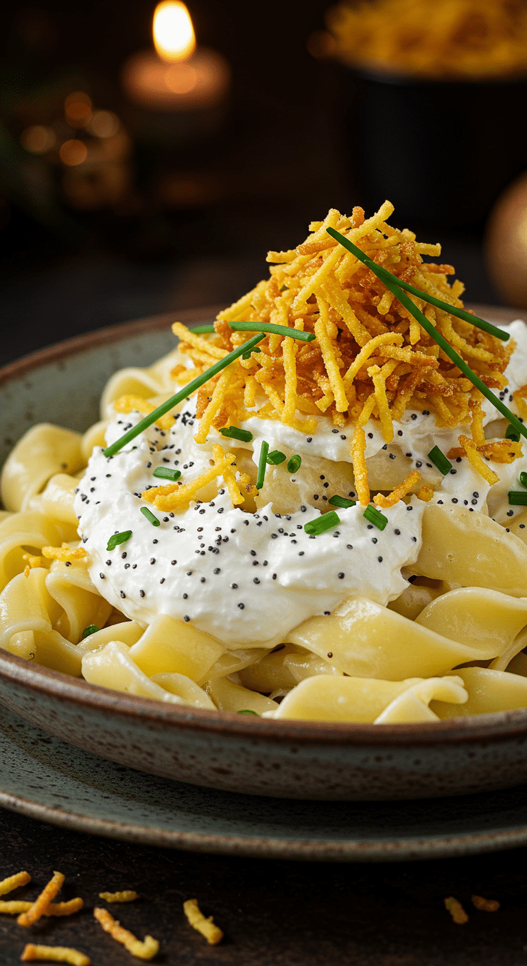 A beautiful, rustic serving bowl of homemade, easy, and elegant Creamy Poppy Seed Noodles, with a luscious cream sauce, a crispy noodle topping, and fresh chives.