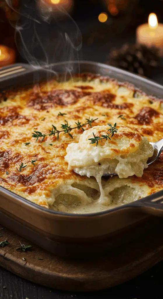 A beautiful, rustic baking dish of homemade, easy, and elegant Creamy Scalloped Potato Gratin, with a golden-brown, bubbly crust and a creamy, layered interior.