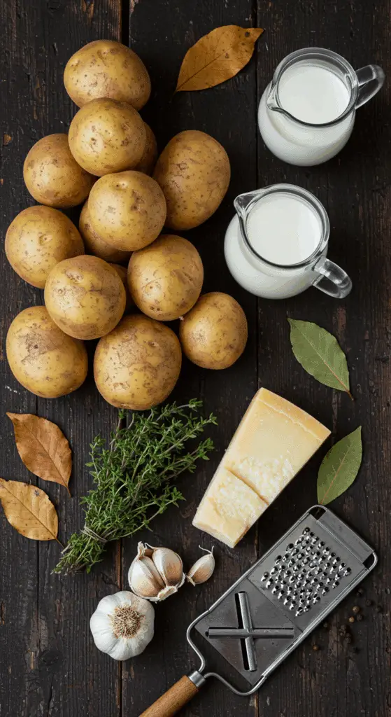 The simple, from-scratch ingredients for the classic and impressive Holiday Scalloped Potato Gratin.