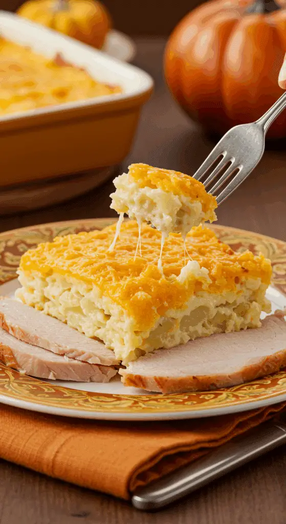 A beautiful plate of a homemade, elegant, and crispy Scalloped Potato Gratin, being served with a thick slice of a roasted turkey at a Thanksgiving dinner.