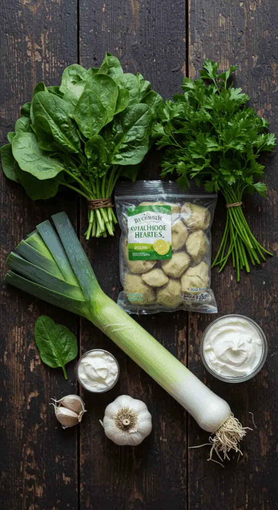 The simple, from-scratch ingredients for the classic and easy Creamy Spinach-Artichoke Soup.