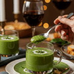 A small, elegant cup of a homemade, rich and creamy Spinach-Artichoke Soup, being served as a starter at a sophisticated, candlelit dinner party.