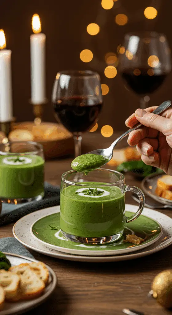 A small, elegant cup of a homemade, rich and creamy Spinach-Artichoke Soup, being served as a starter at a sophisticated, candlelit dinner party.