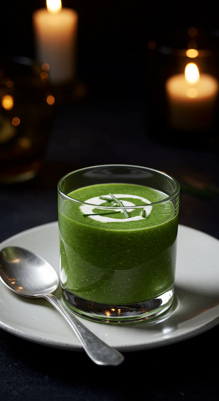 A beautiful, elegant bowl of homemade, rich, and creamy Spinach-Artichoke Soup, with a vibrant green color and garnished with a swirl of creme fraiche and chives.