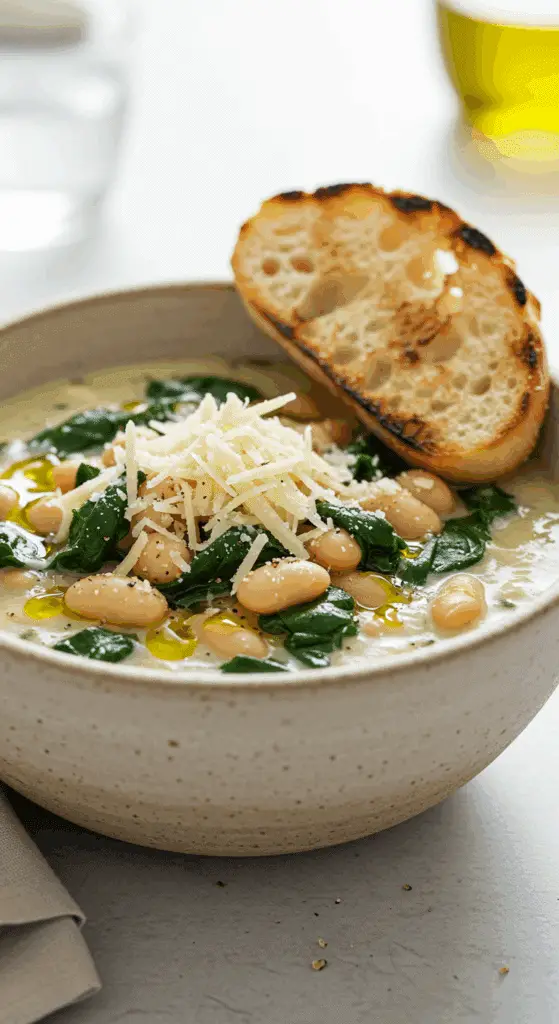 A beautiful, rustic bowl of homemade, creamy White Beans and Greens, with a luscious garlic broth, wilted spinach, and garnished with shaved Parmesan cheese.