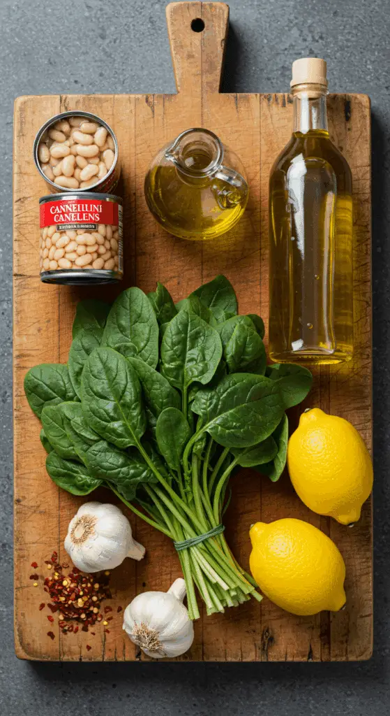 The simple, from-scratch ingredients for the classic and easy Creamy White Beans and Greens recipe.