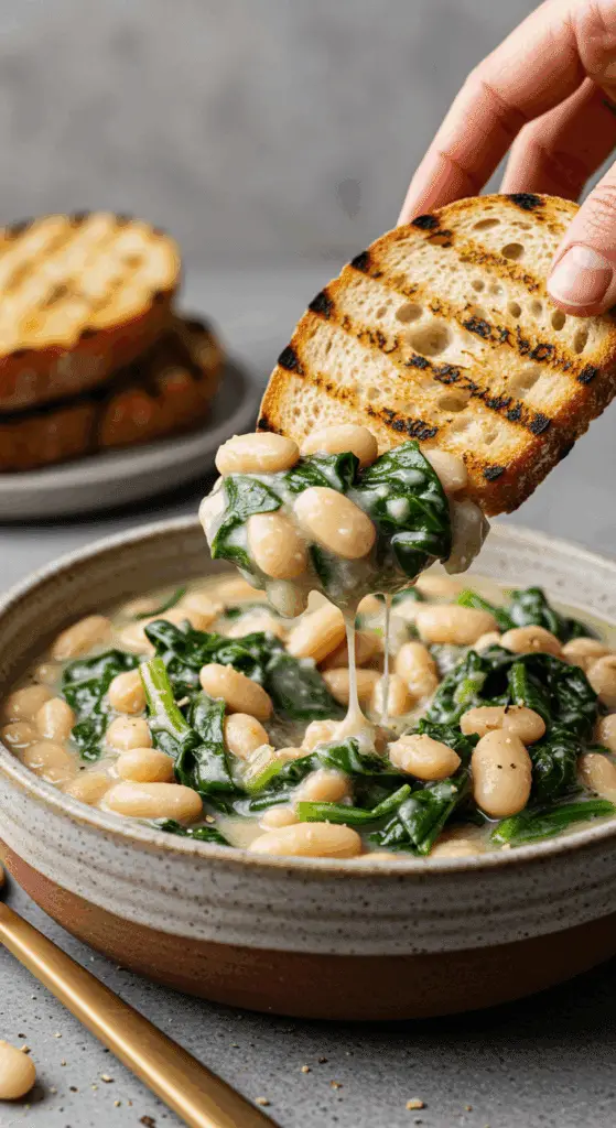 A cozy bowl of homemade, creamy White Beans and Greens being enjoyed with a large piece of crusty sourdough bread for dipping.