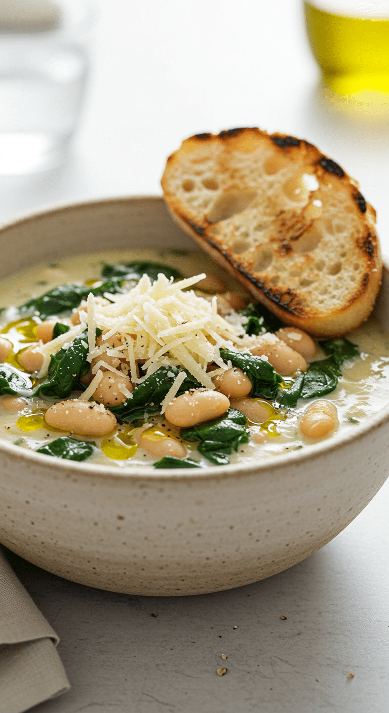 A beautiful, rustic bowl of homemade, creamy White Beans and Greens, with a luscious garlic broth, wilted spinach, and garnished with shaved Parmesan cheese.