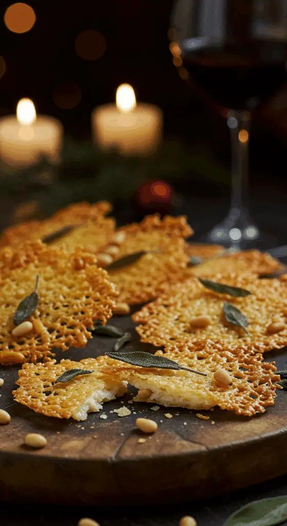 A beautiful, rustic platter of homemade, elegant, and crispy Asiago & Pine Nut Cheese Crisps, with a lacy, golden-brown texture and a beautiful, curled shape.