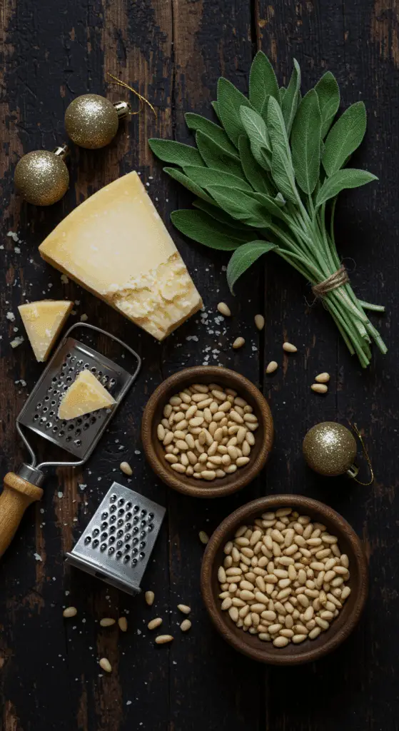 The simple, from-scratch ingredients for the classic and impressive Holiday Asiago & Pine Nut Cheese Crisps.