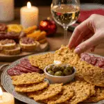 The impressive, homemade platter of crispy and curled Asiago & Pine Nut Cheese Crisps being served as the centerpiece on a charcuterie board at a sophisticated holiday party.