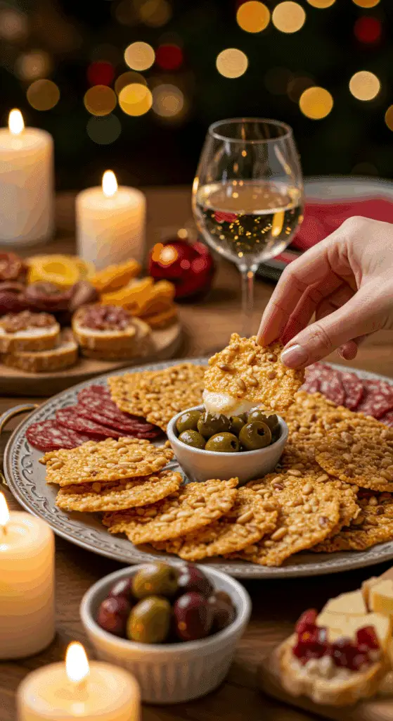 The impressive, homemade platter of crispy and curled Asiago & Pine Nut Cheese Crisps being served as the centerpiece on a charcuterie board at a sophisticated holiday party.