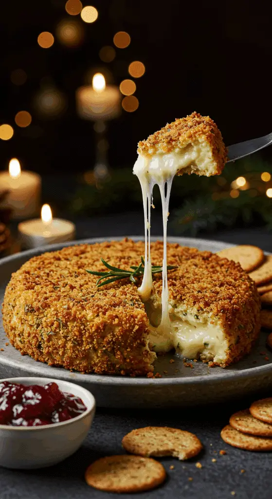 A beautiful, rustic platter with a homemade, impressive, and Crispy Baked Boursin, with a golden-brown panko crust and an epic, gooey cheese pull.
