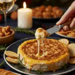 The impressive, homemade, and festive Crispy Baked Boursin being served as the centerpiece at a fun and sophisticated Christmas party.