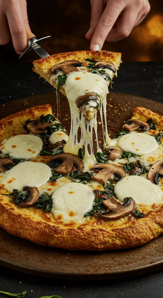 A beautiful, overhead shot of a homemade, crispy, and golden-brown Keto Cauliflower Crust Pizza, with a cheesy, sturdy slice being lifted out to show an epic cheese pull.