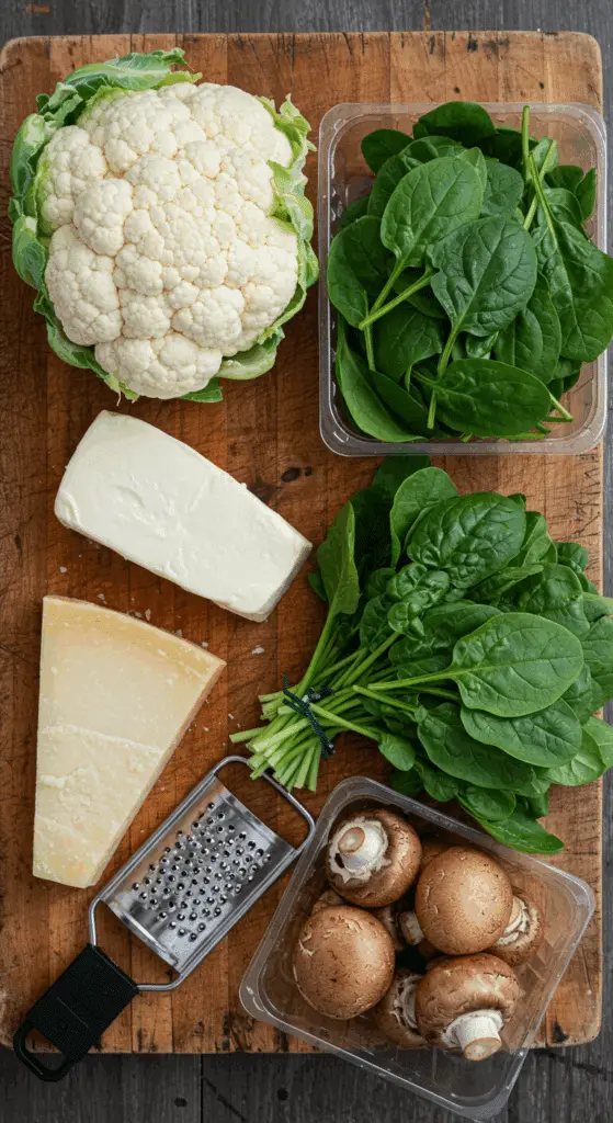 The simple, fresh ingredients for the easy and healthy Keto Cauliflower Crust Pizza recipe.